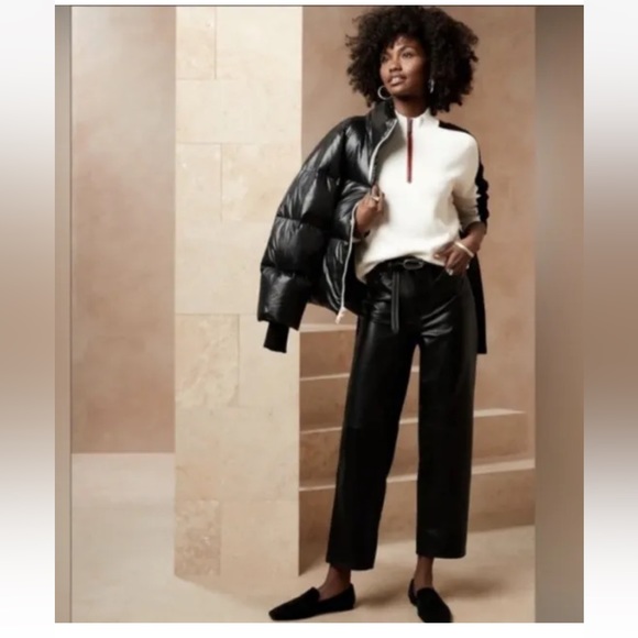 New Women Banana Republic High Rise Straight Black 100% Lamb Leather Pants Sz 34 - Picture 5 of 13